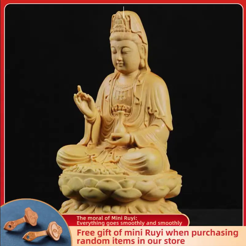 Cliff Cypress Wood Carving Avalokitesvara  Wood Carving Solid Wood Offering Household Ornaments Tabletop Decoration Handicraft