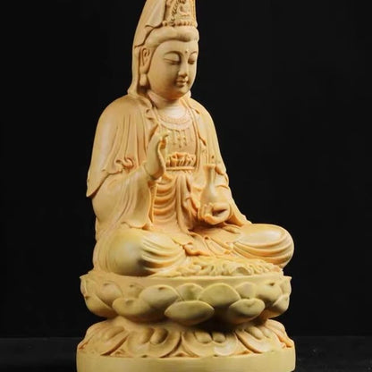 Cliff Cypress Wood Carving Avalokitesvara  Wood Carving Solid Wood Offering Household Ornaments Tabletop Decoration Handicraft