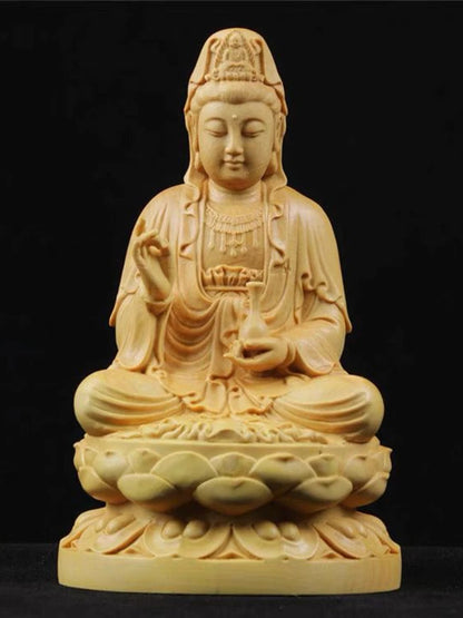 Cliff Cypress Wood Carving Avalokitesvara  Wood Carving Solid Wood Offering Household Ornaments Tabletop Decoration Handicraft