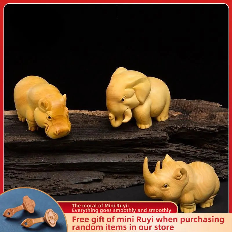 Cliff Cypress Wood Carving【Bring Wealth Lucky-Rhinoceros elephant hippopotamus】Originality Home Decoration Sculpture Modern Arts