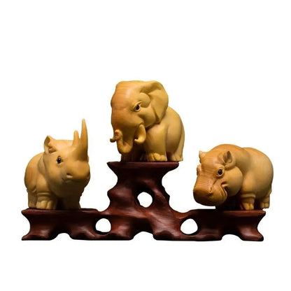Cliff Cypress Wood Carving【Bring Wealth Lucky-Rhinoceros elephant hippopotamus】Originality Home Decoration Sculpture Modern Arts