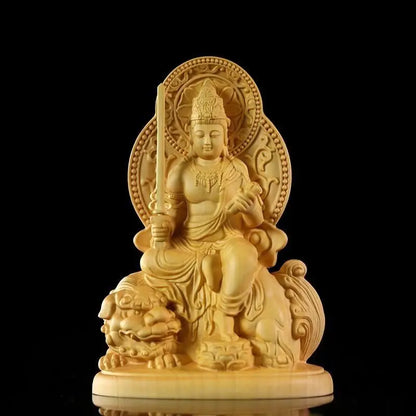 Cliff Cypress Wood Carving Manjusri Samantabhadra Bodhisattva Patron Saint Hand Carved Artifact Decoration Sculpture Modern Art