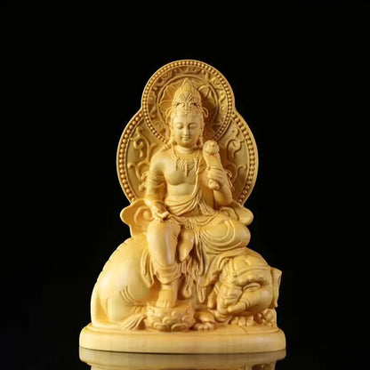 Cliff Cypress Wood Carving Manjusri Samantabhadra Bodhisattva Patron Saint Hand Carved Artifact Decoration Sculpture Modern Art