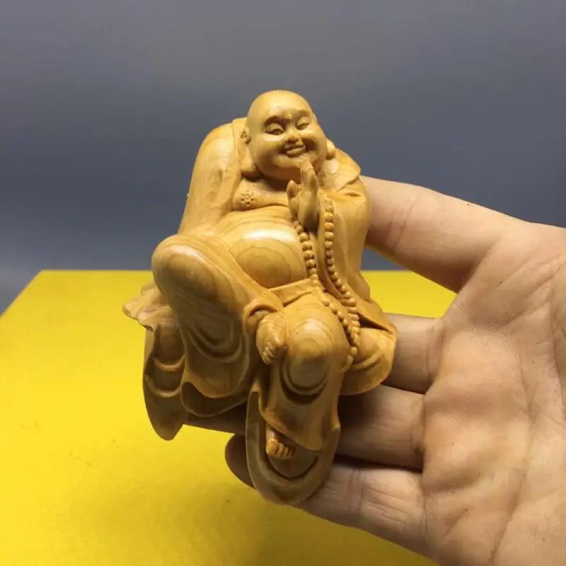Cliff cypress wood carving, Zen Maitreya Buddha statue decoration, living room, TV cabinet decoration, Chinese style home