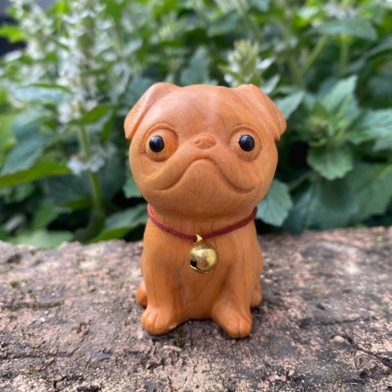 Cliff cypress wood carving, cute little dog, sand skin, dog handle, zodiac animal ornaments, home solid wood carving