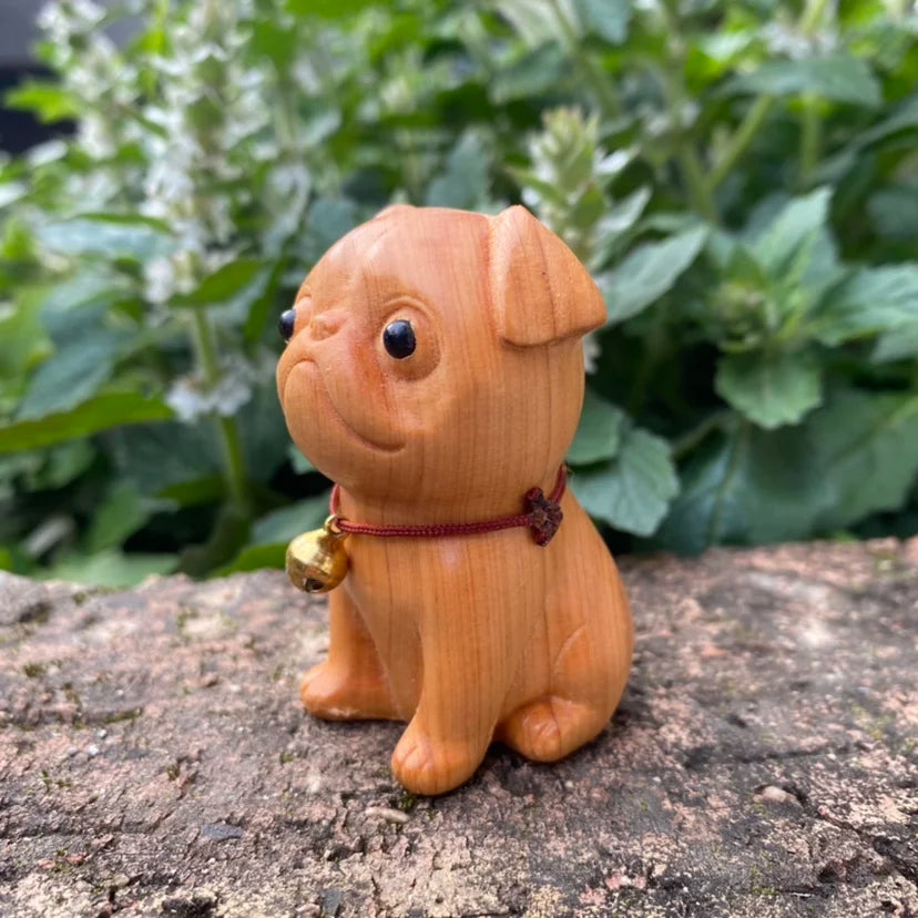 Cliff cypress wood carving, cute little dog, sand skin, dog handle, zodiac animal ornaments, home solid wood carving