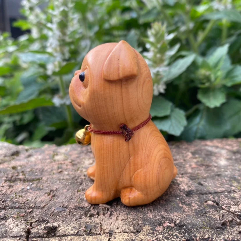 Cliff cypress wood carving, cute little dog, sand skin, dog handle, zodiac animal ornaments, home solid wood carving