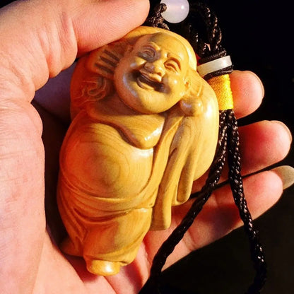 Cliff cypress wood carving handlebar toys, Maitreya Buddha's exquisite carving handicrafts, boutique  attract wealth