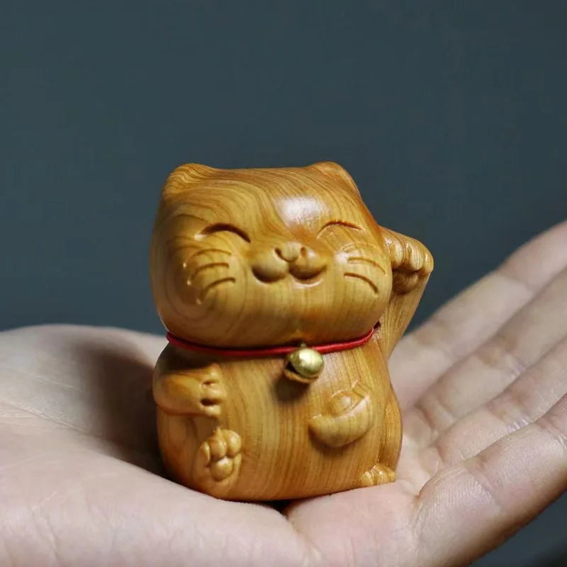 Cliff cypress wood carving, silly and cute bell, small milk cat ornament, wooden indoor tabletop decoration, handle piece