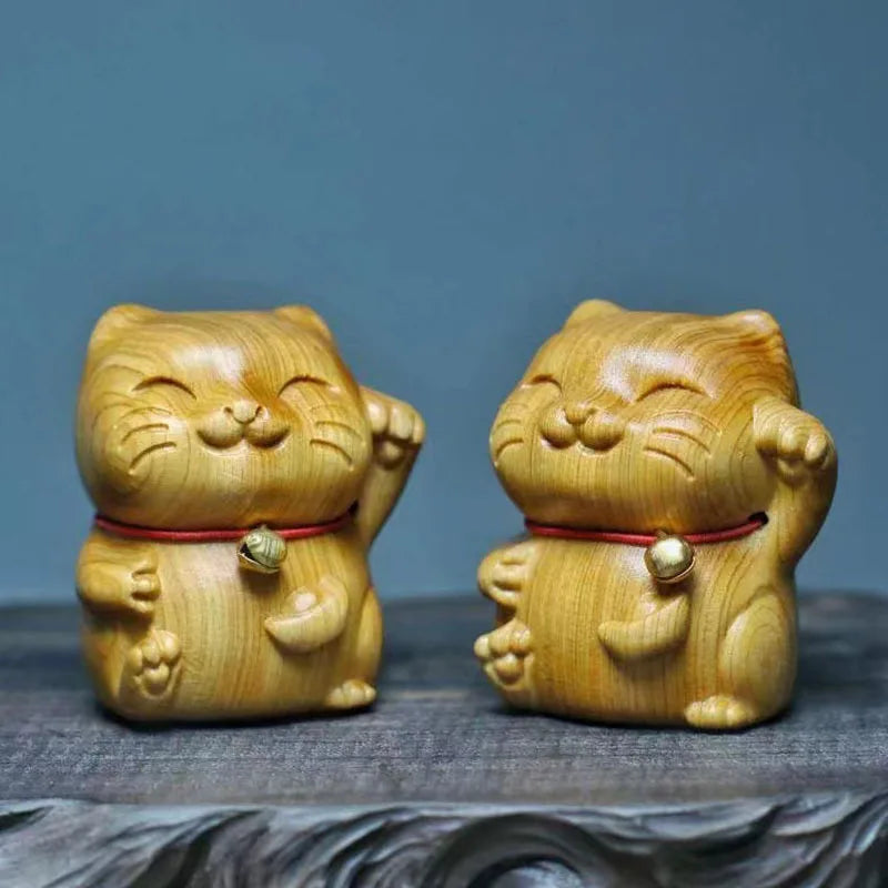 Cliff cypress wood carving, silly and cute bell, small milk cat ornament, wooden indoor tabletop decoration, handle piece