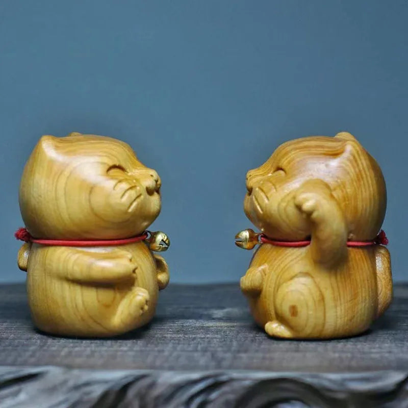 Cliff cypress wood carving, silly and cute bell, small milk cat ornament, wooden indoor tabletop decoration, handle piece