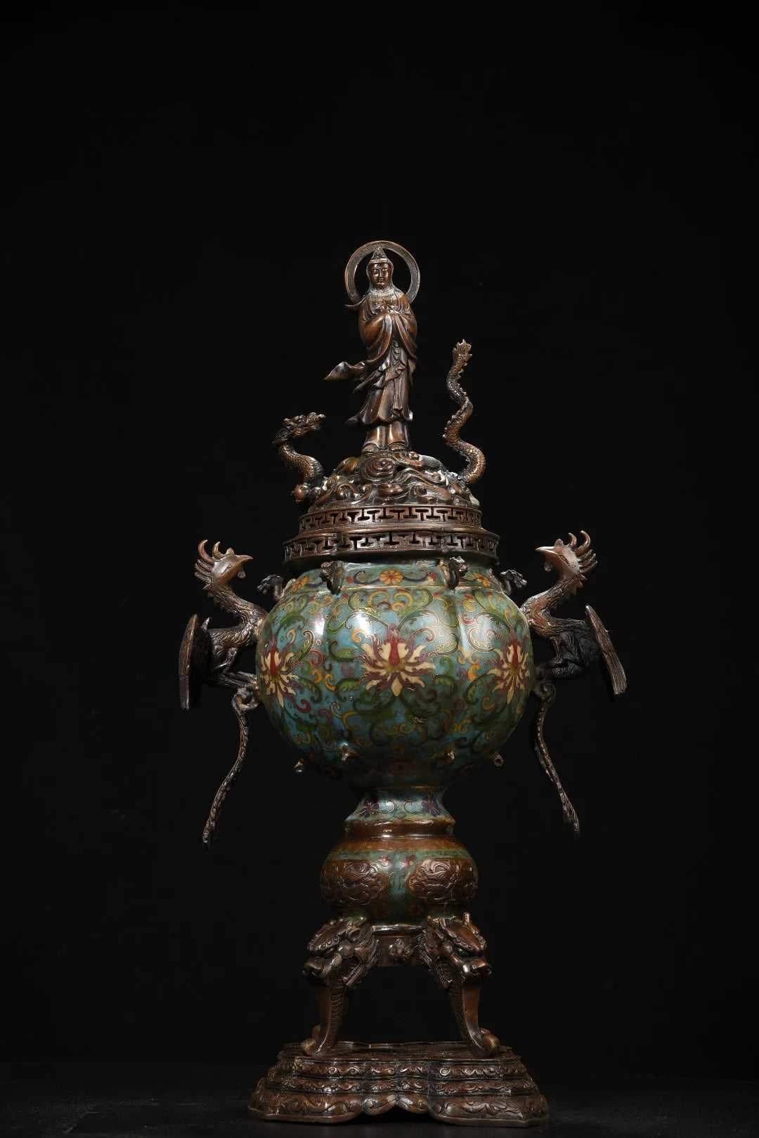 مجموعة معبد التبت ، البرونز القديم ، المينا Cloisonne ، Guanyin ، ركوب التنين ، طائر الفينيق ، مبخرة الأذن ، قاعة العبادة ، 24 بوصة