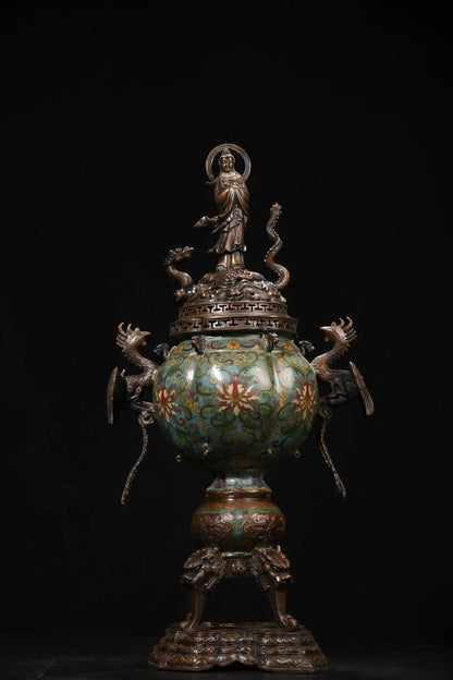 مجموعة معبد التبت ، البرونز القديم ، المينا Cloisonne ، Guanyin ، ركوب التنين ، طائر الفينيق ، مبخرة الأذن ، قاعة العبادة ، 24 بوصة