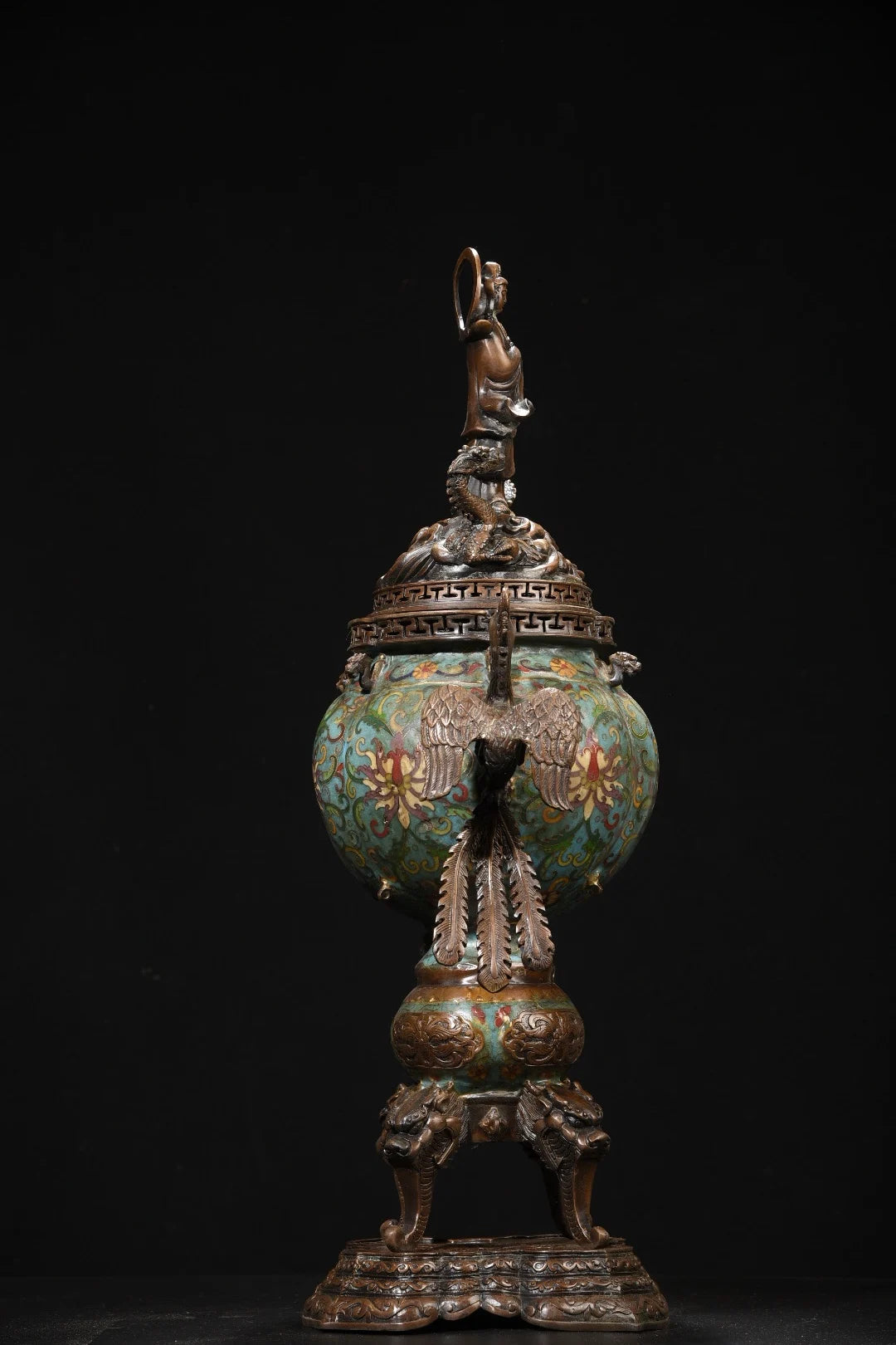 مجموعة معبد التبت ، البرونز القديم ، المينا Cloisonne ، Guanyin ، ركوب التنين ، طائر الفينيق ، مبخرة الأذن ، قاعة العبادة ، 24 بوصة