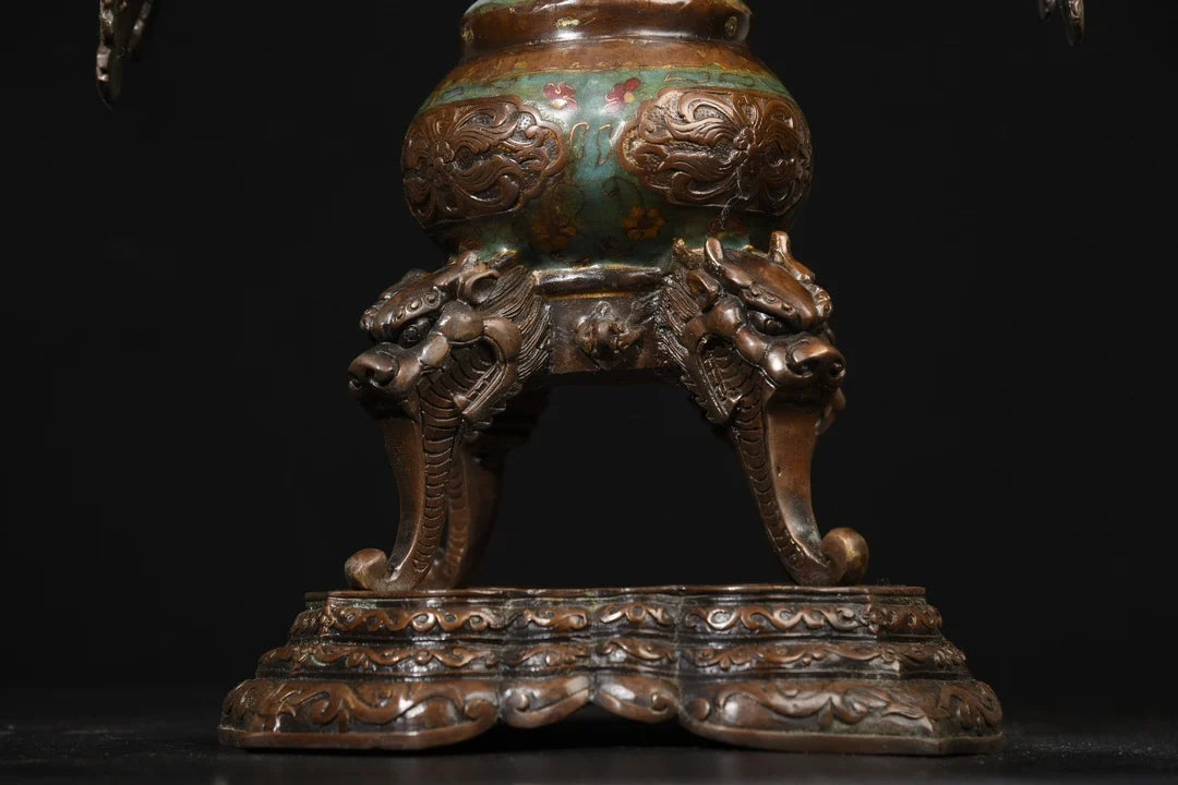 مجموعة معبد التبت ، البرونز القديم ، المينا Cloisonne ، Guanyin ، ركوب التنين ، طائر الفينيق ، مبخرة الأذن ، قاعة العبادة ، 24 بوصة