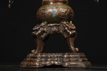 مجموعة معبد التبت ، البرونز القديم ، المينا Cloisonne ، Guanyin ، ركوب التنين ، طائر الفينيق ، مبخرة الأذن ، قاعة العبادة ، 24 بوصة