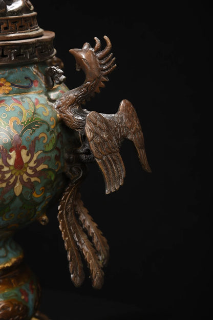 مجموعة معبد التبت ، البرونز القديم ، المينا Cloisonne ، Guanyin ، ركوب التنين ، طائر الفينيق ، مبخرة الأذن ، قاعة العبادة ، 24 بوصة