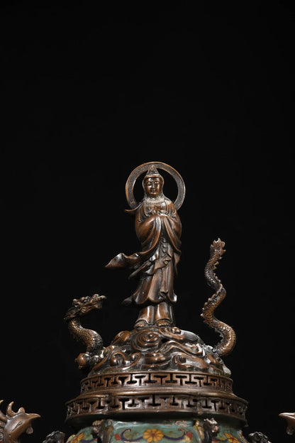 مجموعة معبد التبت ، البرونز القديم ، المينا Cloisonne ، Guanyin ، ركوب التنين ، طائر الفينيق ، مبخرة الأذن ، قاعة العبادة ، 24 بوصة