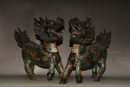 مجموعة معبد التبت ، البرونز القديم ، المينا Cloisonne ، كيلين يونيكورن ، الحيوانات الأسطورية ، زخارف بيت البلدة ، طرد الأرواح الشريرة ، 12"