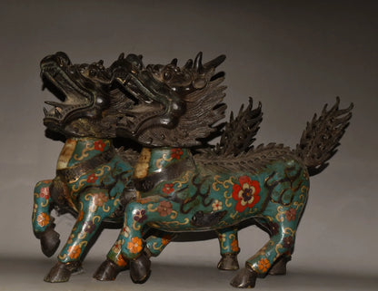 مجموعة معبد التبت ، البرونز القديم ، المينا Cloisonne ، كيلين يونيكورن ، الحيوانات الأسطورية ، زخارف بيت البلدة ، طرد الأرواح الشريرة ، 12"
