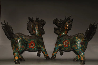 مجموعة معبد التبت ، البرونز القديم ، المينا Cloisonne ، كيلين يونيكورن ، الحيوانات الأسطورية ، زخارف بيت البلدة ، طرد الأرواح الشريرة ، 12"