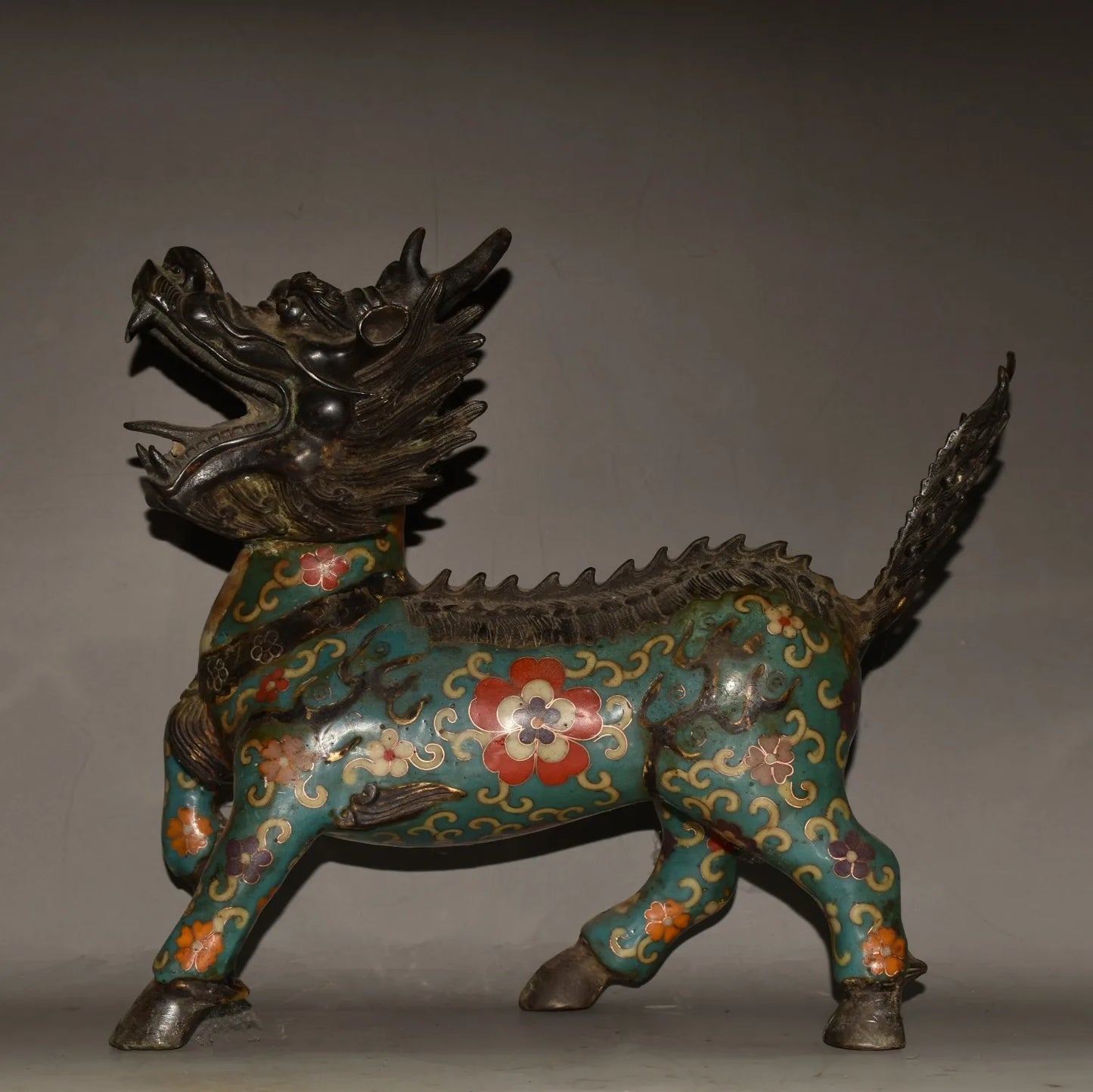 مجموعة معبد التبت ، البرونز القديم ، المينا Cloisonne ، كيلين يونيكورن ، الحيوانات الأسطورية ، زخارف بيت البلدة ، طرد الأرواح الشريرة ، 12"