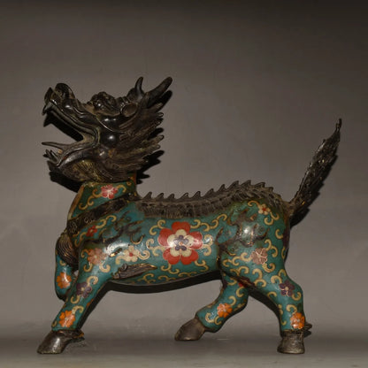 مجموعة معبد التبت ، البرونز القديم ، المينا Cloisonne ، كيلين يونيكورن ، الحيوانات الأسطورية ، زخارف بيت البلدة ، طرد الأرواح الشريرة ، 12"