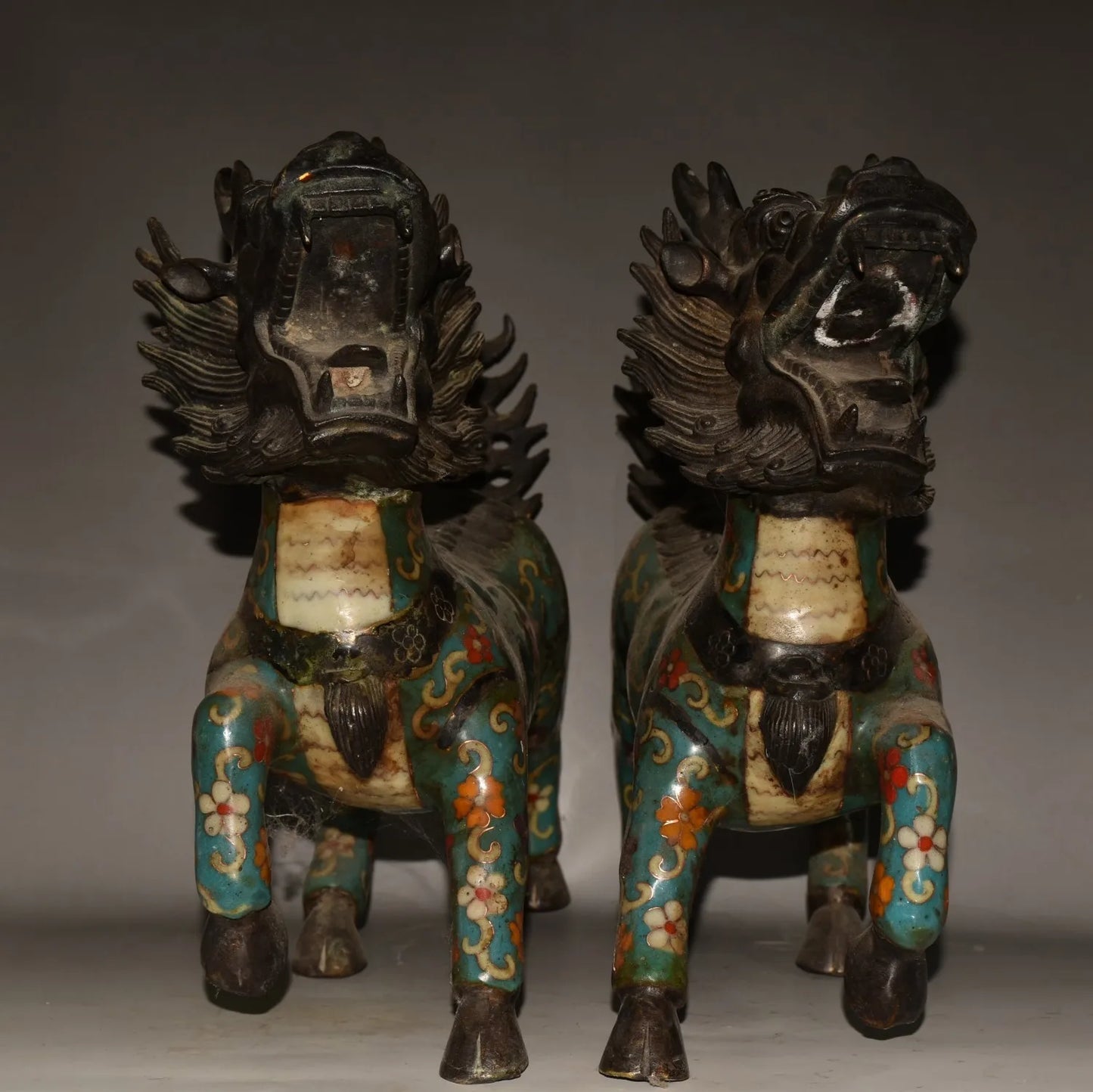 مجموعة معبد التبت ، البرونز القديم ، المينا Cloisonne ، كيلين يونيكورن ، الحيوانات الأسطورية ، زخارف بيت البلدة ، طرد الأرواح الشريرة ، 12"