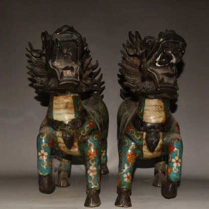 مجموعة معبد التبت ، البرونز القديم ، المينا Cloisonne ، كيلين يونيكورن ، الحيوانات الأسطورية ، زخارف بيت البلدة ، طرد الأرواح الشريرة ، 12"