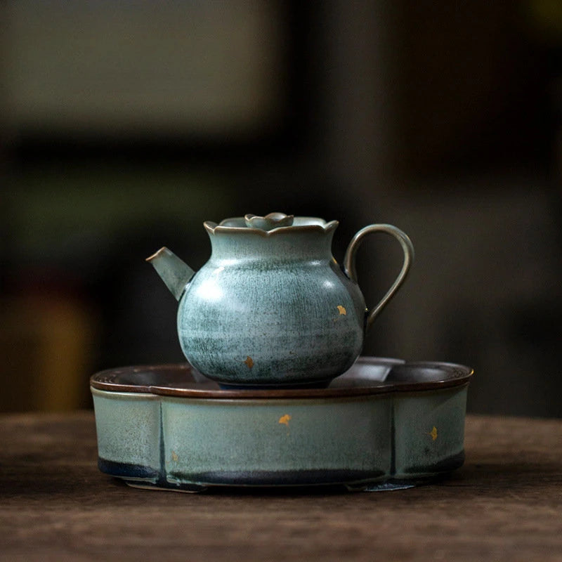 Coarse Pottery Begonia Pot Bearing Dry Bubble Plate Ginkgo Gold Foil Small Tea Tray Ceramic KungFu Tea Set Pot Holder Tea Holder