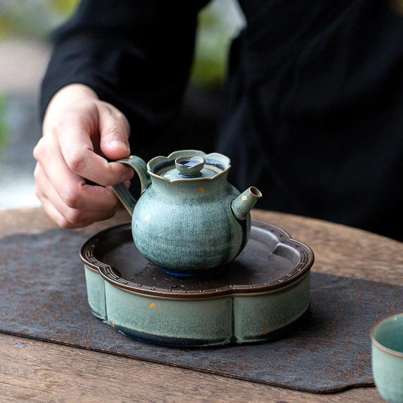 Coarse Pottery Begonia Pot Bearing Dry Bubble Plate Ginkgo Gold Foil Small Tea Tray Ceramic KungFu Tea Set Pot Holder Tea Holder