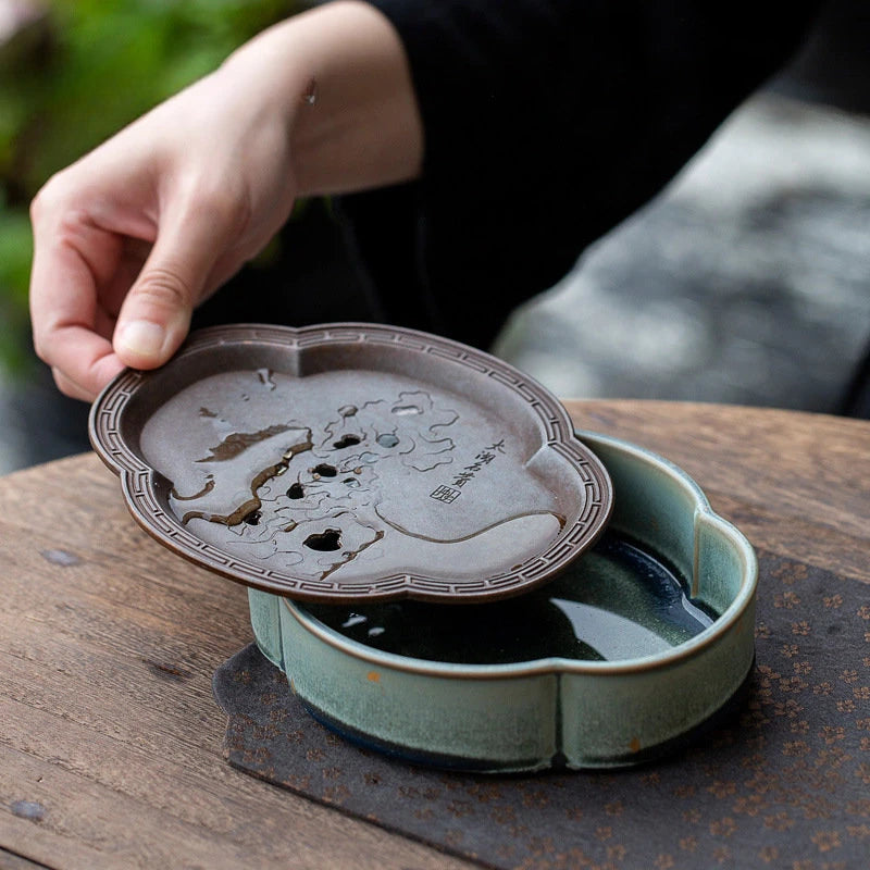 Coarse Pottery Begonia Pot Bearing Dry Bubble Plate Ginkgo Gold Foil Small Tea Tray Ceramic KungFu Tea Set Pot Holder Tea Holder