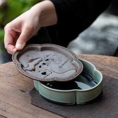 Coarse Pottery Begonia Pot Bearing Dry Bubble Plate Ginkgo Gold Foil Small Tea Tray Ceramic KungFu Tea Set Pot Holder Tea Holder