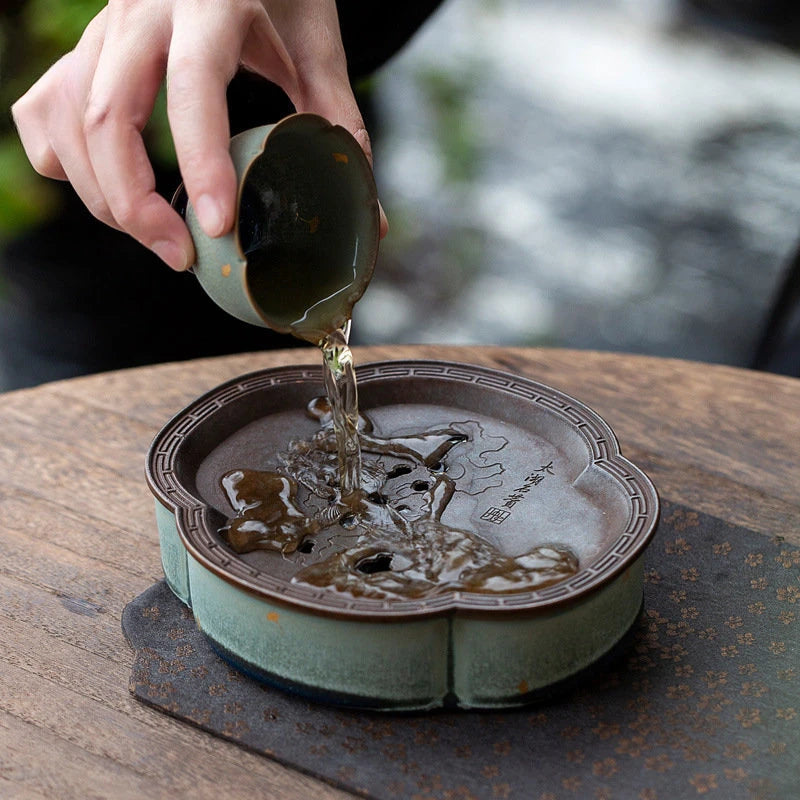 Coarse Pottery Begonia Pot Bearing Dry Bubble Plate Ginkgo Gold Foil Small Tea Tray Ceramic KungFu Tea Set Pot Holder Tea Holder