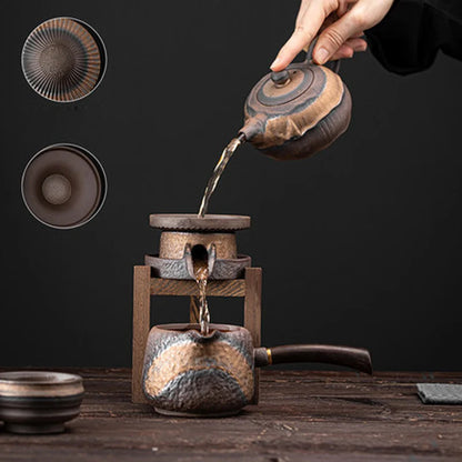 Coarse Pottery Wooden Frame of Chicken Wing with Ceramic Filter Hole, Tea Filter Separator