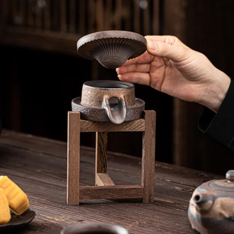 Coarse Pottery Wooden Frame of Chicken Wing with Ceramic Filter Hole, Tea Filter Separator