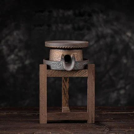 Coarse Pottery Wooden Frame of Chicken Wing with Ceramic Filter Hole, Tea Filter Separator