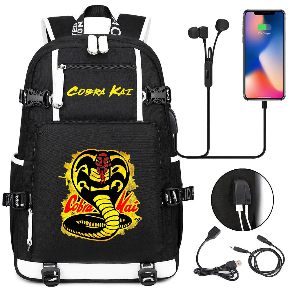 Cobra Kai Backpack Girl Boy Schoolbag Large Capacity Laptop Bag Waterproof Multifunction USB Charging Backpack
