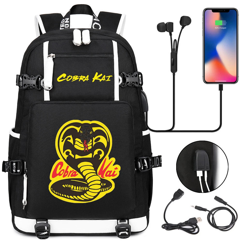 Cobra Kai Backpack Girl Boy Schoolbag Large Capacity Laptop Bag Waterproof Multifunction USB Charging Backpack