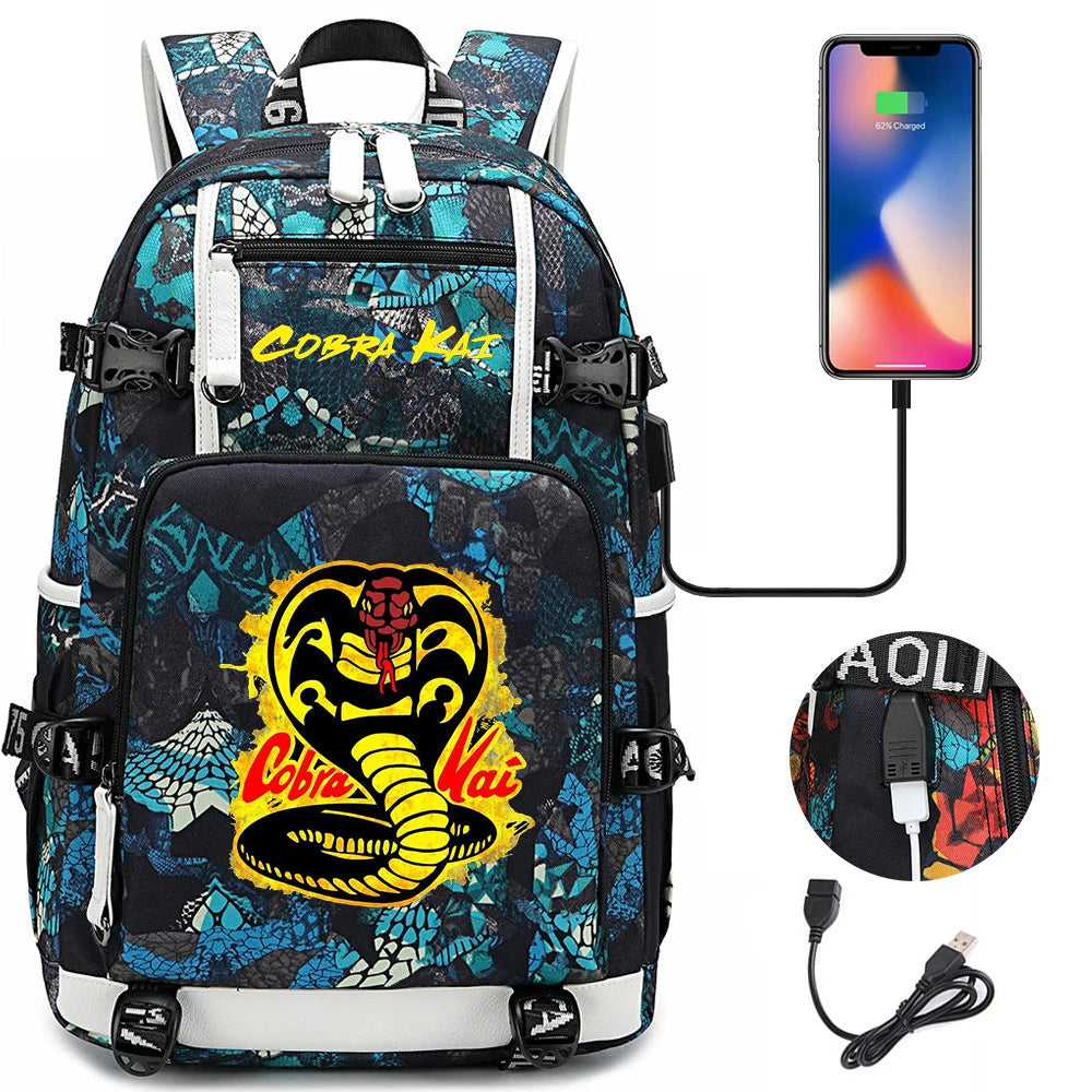 Cobra Kai Backpack Girl Boy Schoolbag Large Capacity Laptop Bag Waterproof Multifunction USB Charging Backpack