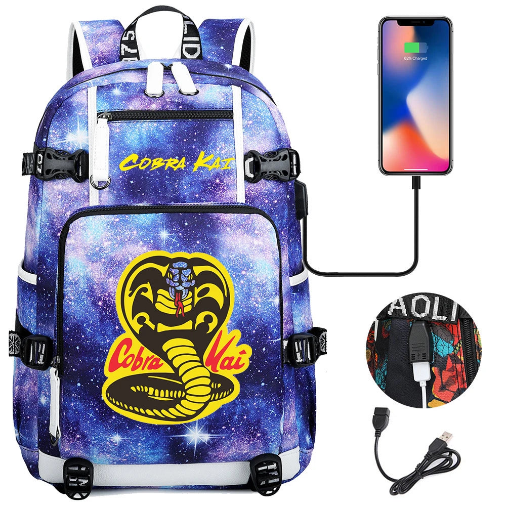Cobra Kai Backpack Girl Boy Schoolbag Large Capacity Laptop Bag Waterproof Multifunction USB Charging Backpack