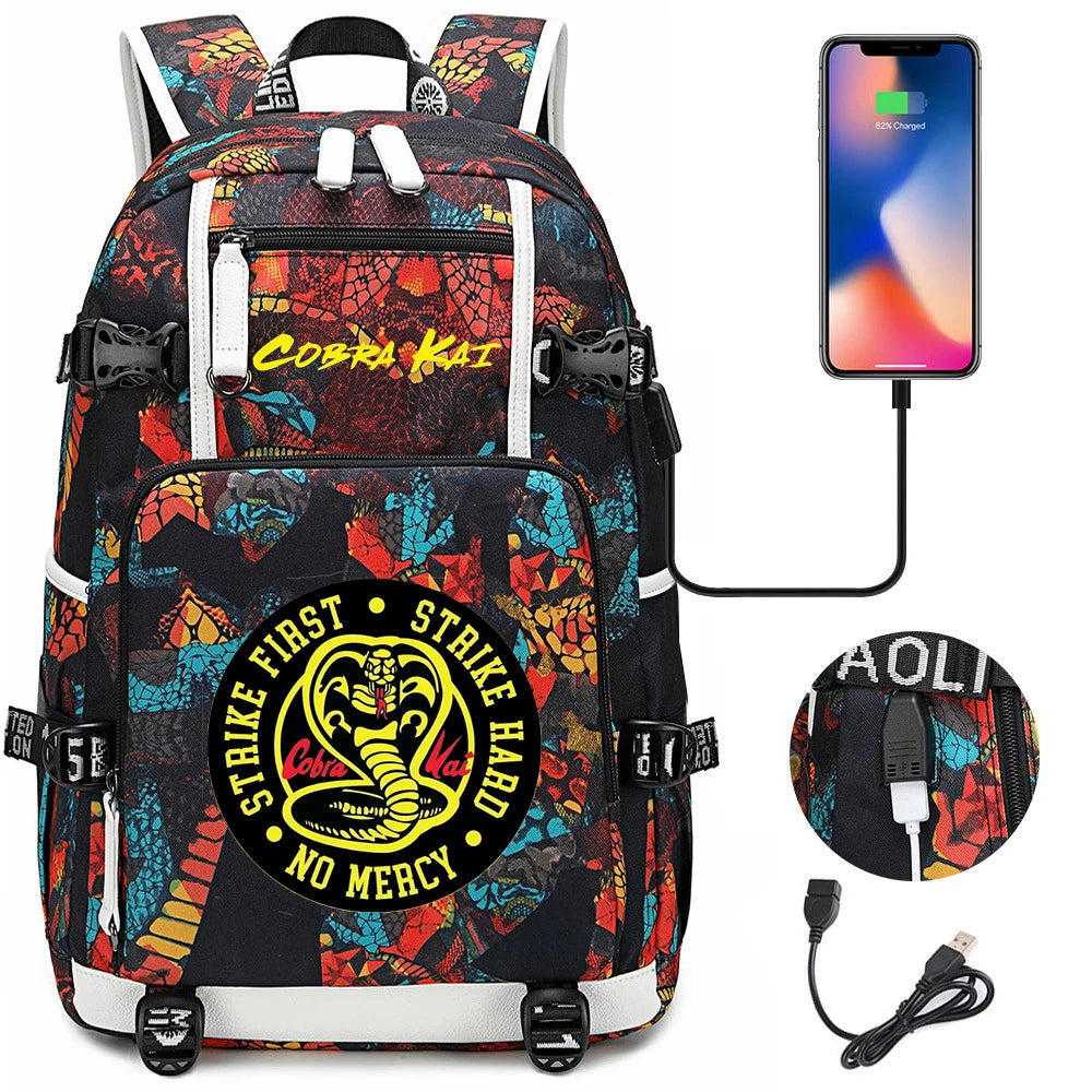 Cobra Kai Backpack Girl Boy Schoolbag Large Capacity Laptop Bag Waterproof Multifunction USB Charging Backpack
