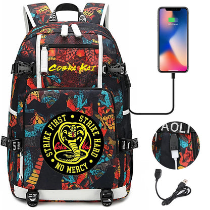 Cobra Kai Backpack Girl Boy Schoolbag Large Capacity Laptop Bag Waterproof Multifunction USB Charging Backpack