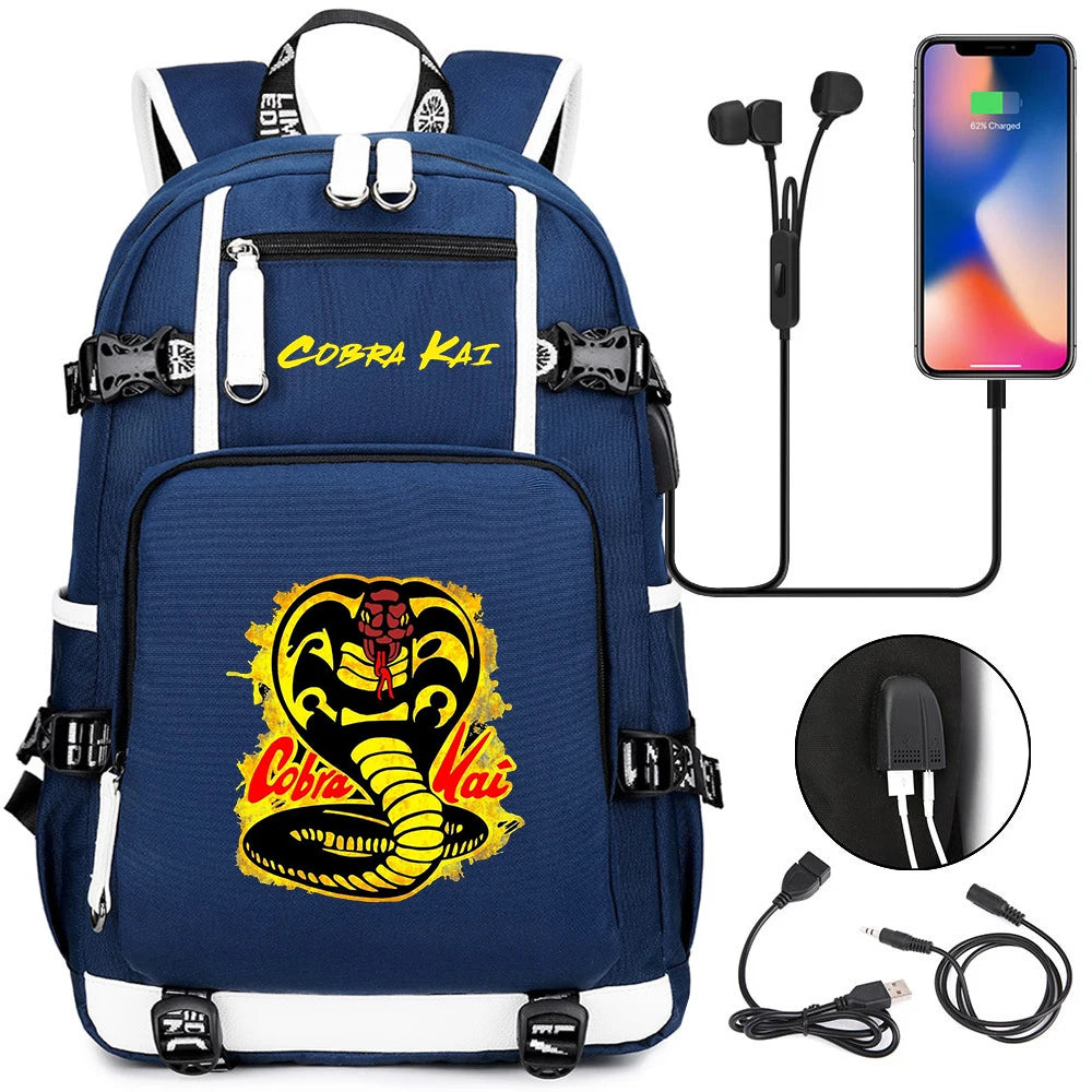 Cobra Kai Backpack Girl Boy Schoolbag Large Capacity Laptop Bag Waterproof Multifunction USB Charging Backpack