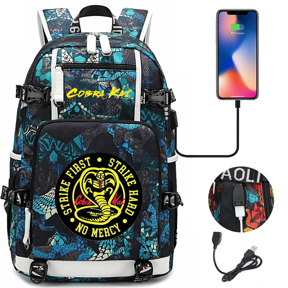 Cobra Kai Backpack Girl Boy Schoolbag Large Capacity Laptop Bag Waterproof Multifunction USB Charging Backpack