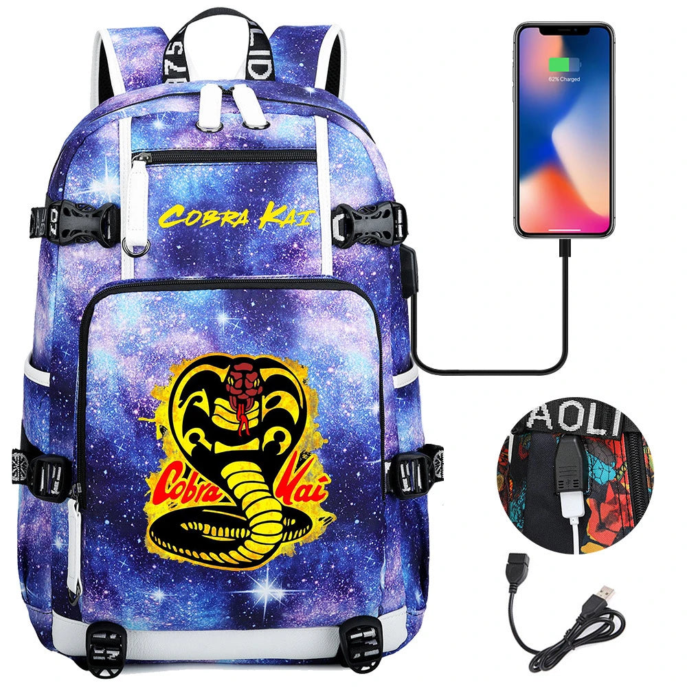 Cobra Kai Backpack Girl Boy Schoolbag Large Capacity Laptop Bag Waterproof Multifunction USB Charging Backpack