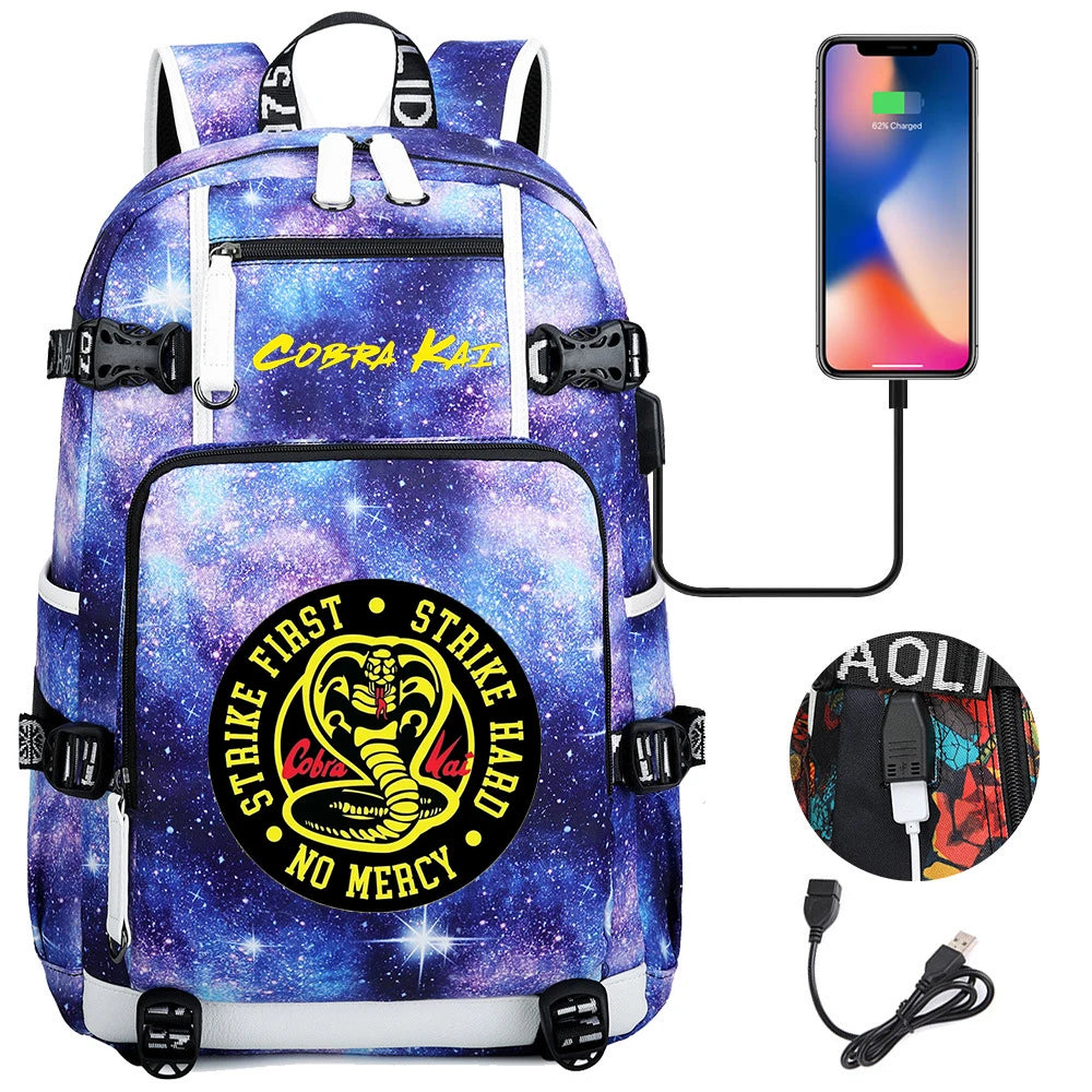 Cobra Kai Backpack Girl Boy Schoolbag Large Capacity Laptop Bag Waterproof Multifunction USB Charging Backpack