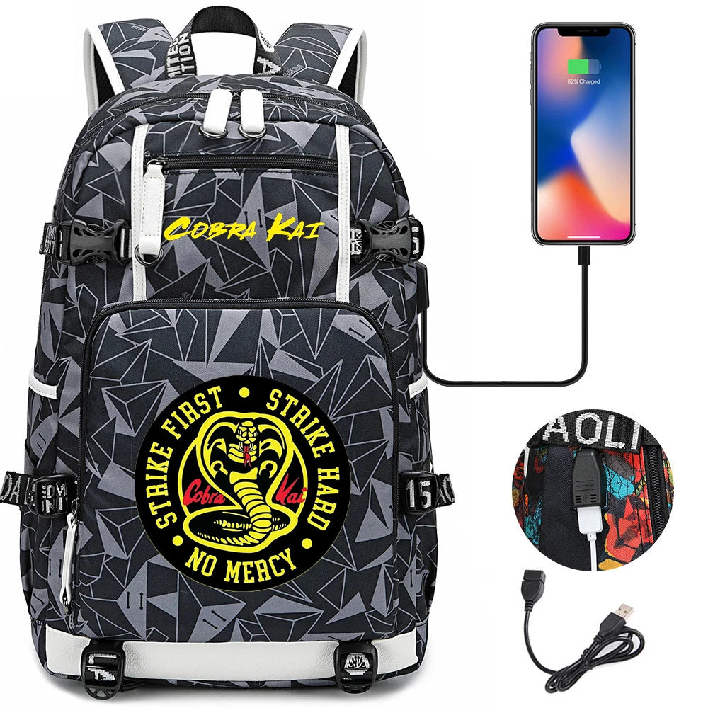 Cobra Kai Backpack Girl Boy Schoolbag Large Capacity Laptop Bag Waterproof Multifunction USB Charging Backpack