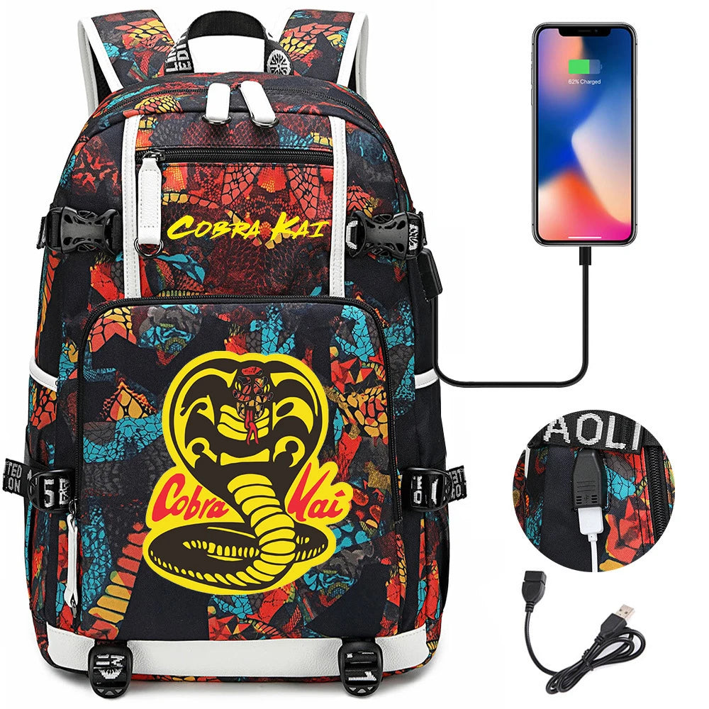 Cobra Kai Backpack Girl Boy Schoolbag Large Capacity Laptop Bag Waterproof Multifunction USB Charging Backpack