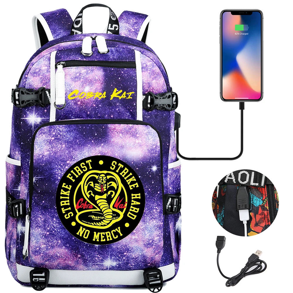 Cobra Kai Backpack Girl Boy Schoolbag Large Capacity Laptop Bag Waterproof Multifunction USB Charging Backpack